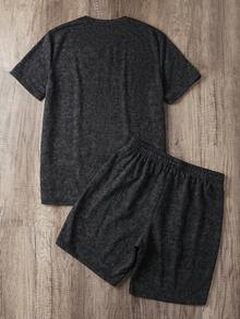 OldRiff 男士休閒時尚白色波士頓泡棉印花黑色水洗T恤短褲套裝，度假風 - 黑色 - 查看 5