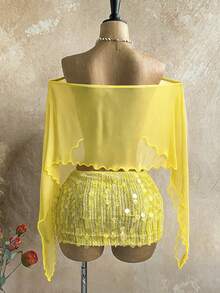 Nuevo top suelto con hombro asimétrico y transparente con lentejuelas doradas y falda mini fruncida de cintura baja asimétrica, estilo bohemio, boho, para vacaciones, vintage, fiestas, - Amarillo 2 - Ver 6