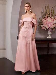 MOTF Soiréza VESTIDO DE FIESTA MAXI ELEGANTE PARA MUJER CON HOMBROS DESCUBIERTOS Y DETALLES DE APLICACIONES FLORALES 3D PARA PROM - Rosa - Ver 5