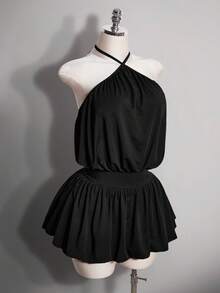 SHEIN ICON Plus Size Women's Solid Color Halter Neck Pleated Sexy Date Party Dress - Black - View 4
