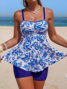 Swim Lushoire Bộ Tankini nữ 2 món họa tiết phối màu tương phản, ngực nhún bèo - Xanh và trắng - Xem 6