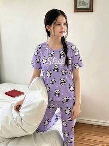 Tween Girl Cute Panda & "Sleep" Print Purple Short Sleeve & Pants Snug Fit Pajama Set - Multicolor - View 6