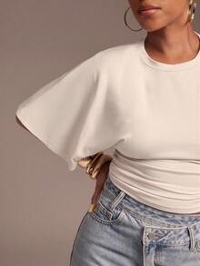 Vixey Flutter Sleeve Ruched Waist Top, Daily Basic - Apricot - View 5