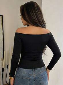 Dazy Plus Plus Size Women's Solid Color Off-Shoulder Ruched Fitted Casual T-Shirt - Black - View 4