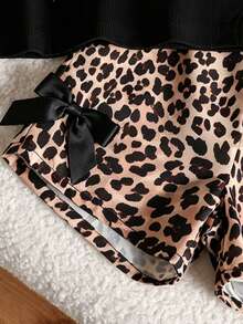 SHEIN Baby Girl Summer Apricot Leopard Print Set, Textured Sleeveless Top And Leopard Print Shorts With Apricot Bow Accent, Essential Daily Outfit - Black - View 5