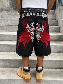 Manfinity Roghcode Embroidered Wing Design Unisex Fashionable Graphic Streetwear Denim Shorts Vacation Black And Red Summer - Black - View 3