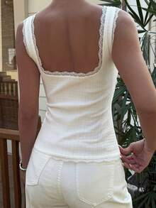 DAZY Lace Patchwork Tie-Up Sleeveless Fitted Tank Top, White, Summer Wear For Women - Beige - View 2