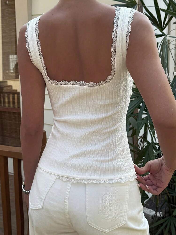 Lace Patchwork Tie-Up Sleeveless Fitted Tank Top, White, Summer Wear For Women
