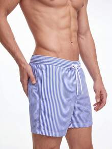 Manfinity KASUA Men Striped Print Drawstring Waist Swim Trunks - Blue and White - View 5