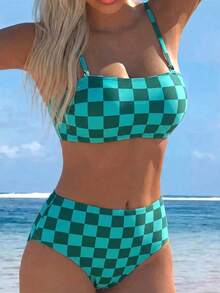 Swim Lushoire 女款夏季度假海灘性感拼色格紋印花可拆式細肩帶平胸式高腰比基尼套裝 - 彩色 - 查看 3