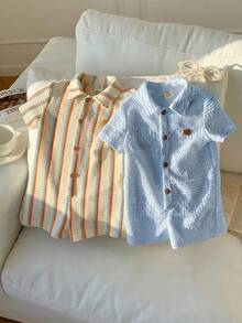 SHEIN 2pcs Newborn Baby Boy Unisex Baby Clothes Cute Summer Casual Knit Striped Polo Collar Short Sleeve Romper 2-Piece Set Suitable For Birthday Party, Rave, Evening Party, Performance, Wedding, Full Moon, Baptism And First Birthday Celebration, Wedding Guest, Baby Shower Christening Outfit Baby Boy - Multicolor - View 4