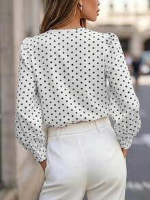 Editum Women's Solid Color V-Neck Long Sleeve Blouse, Stylish And Essential For Commuting White Summer&Autumn - Black and White - View 2