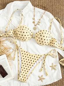 Bonvoyette Summer Vacation Sexy Black & White Polka Dot Shell Cup Bikini Set - Multicolor - View 3