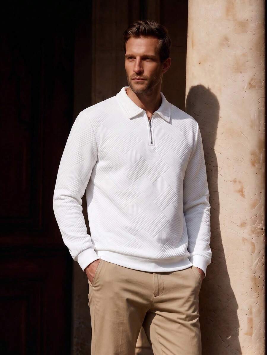 Officeau Men's Half-Zip Knit Polo Sweatshirt, Jacquard Textured Pullover, Casual Vacation Spring Autumn Wear - White - View 1