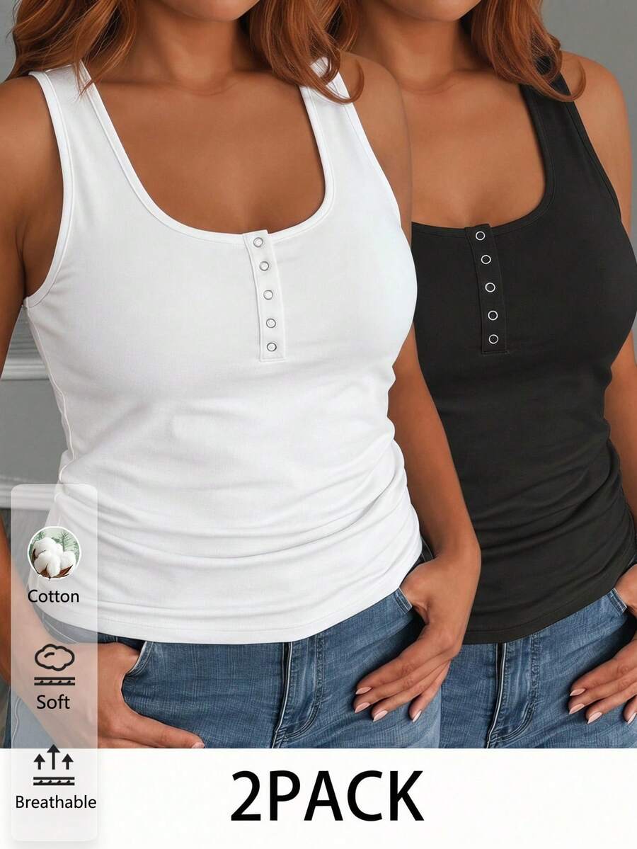 Slaydiva 2pcs/Set Casual Black & White Plus Size Women Camisole And Tank Top, Suitable For Summer Music Festivals - Black and White - View 1