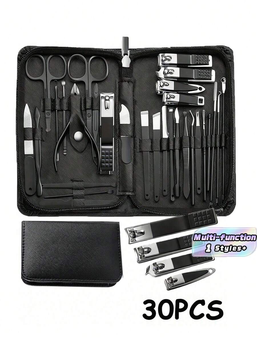 7/10/12/30Pcs Manicure Set, Nail Clipper & Ingrown Tool Kit For Men Women, Black Grooming Kit For Toenails Fingernails, Travel Case