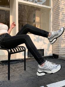 DAZY Women's Color-Block Stitching Slim Fit Denim Pants Women Jeans - Black - View 12