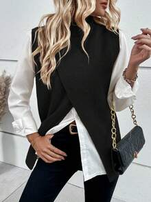 EMERY ROSE 時尚休閒百搭秋冬春季內外兩穿交叉設計女款毛衣背心 - 黑色 - 查看 6