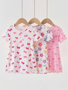 Baby Girl Cute Cartoon Strawberry & Rabbit Pattern Ribbon Bow Decor Ruffle Round Neck Short Sleeve Knit Nightgown 3pcs Set - Multicolor - View 4