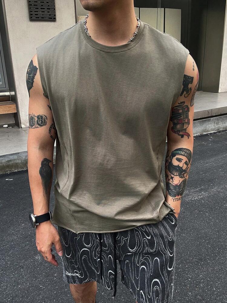Olive Green Frayed Edge Loose Fit Men's Tank Top