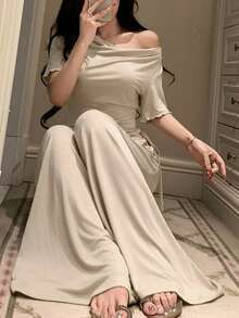 DAZY 迷人純色針織荷葉領收腰上衣與寬腿睡褲2件套女款居家服夏季 - 杏色 - 查看 3