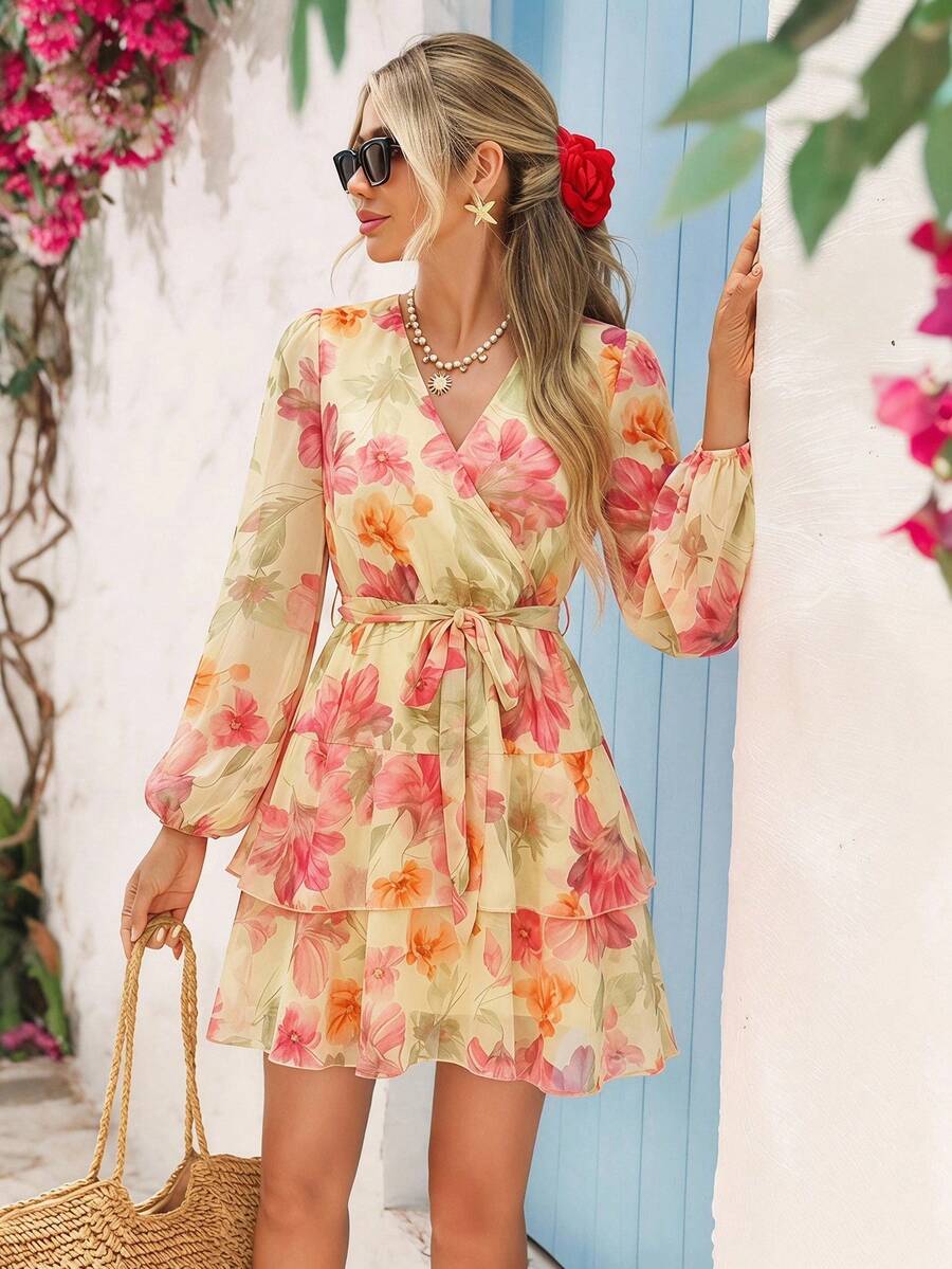 Vivid Eden Women's Floral Print Drawstring A-Line Mini Dress - Yellow - View 1