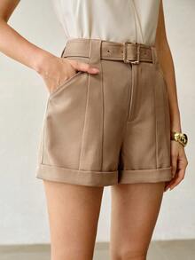 MOTF PREMIUM SUMMER DISTRESSED A-LINE SELF-FABRIC BELTED SHORTS FOR WOMEN'S OFFICE WORK COMMUTE KHAKI CASUAL - Khaki - View 7