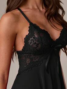 SHEIN BAE 2pcs Set Sexy Lace & Mesh Backless A-Line Dress, Wine Red Color - Black - View 6