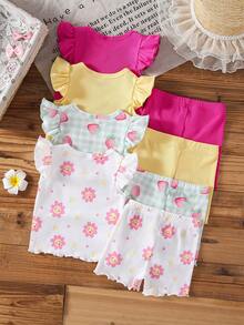 SHEIN 8件組/女嬰春夏季新品休閒日常出遊可愛趣味格紋向日葵短袖背心T恤上衣與短褲套裝 - 彩色 - 查看 2
