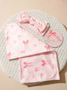 SHEIN 3Pcs Set Bowknot Printed Newborn Swaddle Wrap Headband Set With Hello World Baby Birth Announcement Name Cards Infant Photography Props - Multicolor - View 6