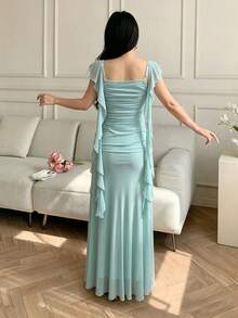 Celisse Women's Elegant Ruffle Hem Patchwork Long Dress, Pleated Design - Turquoise - View 2