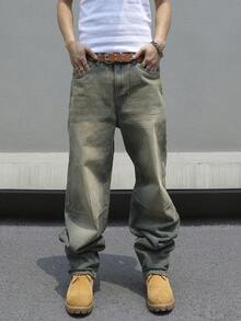 Manfinity EMRG Men's Fashionable Loose Fit Jeans,Vintage Distressed Design Green Summer Streetwear City Break Baggy Long Cargo Plain Blue Rapper Street College Sport - Blue - View 1