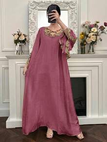 Yasmyna Women's Round Neck Solid Color Elegant Arabian Dress With Applique Decoration - Pink - View 3
