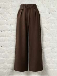 SHEIN PETITE CURVE Plus Size Women's Elegant Commute Layered 2-In-1 Design Metal Buckle Decor Long Pants Spring Summer Party - Coffee Brown - View 2