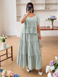Modelyn Plus Size 2 Pieces Set: Chiffon Top And Woven Skirt, Suitable For Everyday Wear And Gatherings In Spring/Summer - Green - View 6