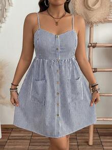 EMERY ROSE Plus Size Women's Spring/Summer Elegant Fashion Vacation Halter Neck Drawstring Waist Striped Print Dress - Navy Blue - View 3