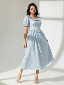 Modelyn 方領荷葉邊腰部短袖泡泡袖波點酒紅色女款中長洋裝 - 淺藍色 - 查看 5