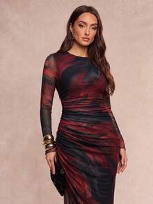 Silquee Este vestido de mujer marrón con estampado tie-dye de malla, cuello redondo y manga larga presenta una cintura ajustada con fruncido, resaltando el encanto femenino. Elegante y cautivador, es lo suficientemente versátil como para combinarse con cualquier cosa, desde citas, atuendos de temporada de bodas, fiestas de cóctel, fiestas románticas/ropa para citas, vestidos de noche, vestidos de día y noche, vestidos de dama de honor, vestidos de fiesta elegantes y con estilo, atuendo formal, ropa para citas románticas - Multicolor - Ver 3
