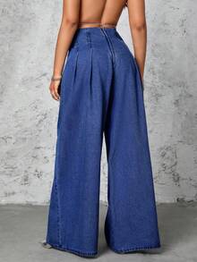 Selenza Petite Women's Pleated Design Wide Leg Loose Casual Jeans - Dark Wash - View 4