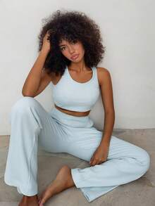 DAZY 2 Stück/Set Damen Geripptes Kurzes Trägertop und Lange Gerade Bein Pyjama Hose Schlafanzug Set, Sommer - Blau - Übersicht 6