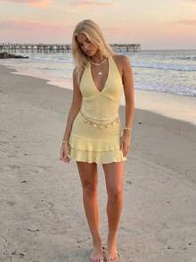 Sundraya Boho Cute Halter V Neck Ruffle Top Women Vacation Party Summer Going Out - Yellow - View 7
