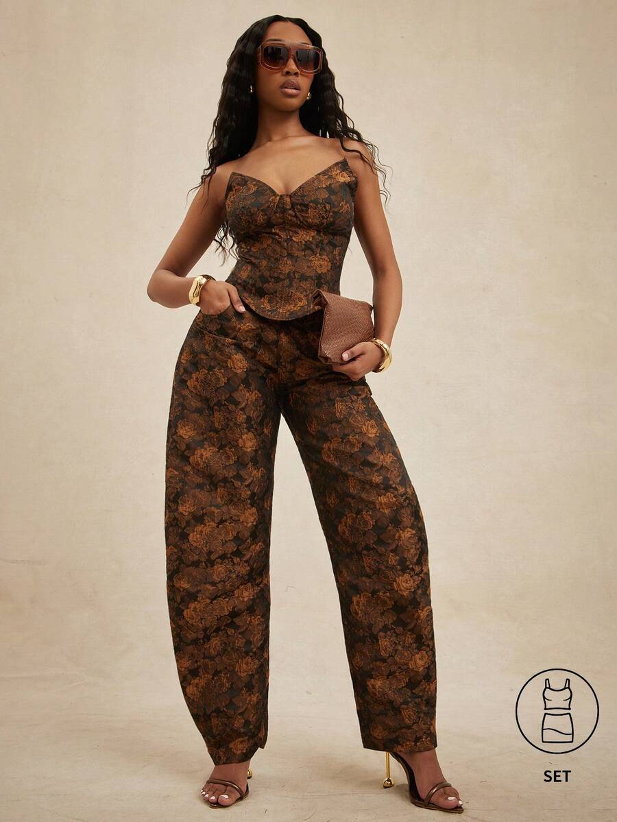 NYA SZN 女款套裝上衣與長褲,V領束腰上衣搭配高腰貼身寬鬆氣球桶腿褲,金色金屬花卉緹花布料,棕黑配色,適合外出與特殊場合 - 彩色 - 查看 1