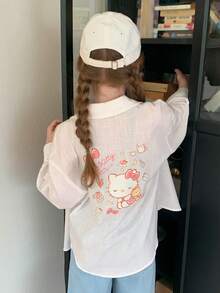 Dazy Kids HELLO KITTY | DAZY 宽松KT猫咪印花翻领长袖休闲女式衬衫 - 白色 - 查看 1