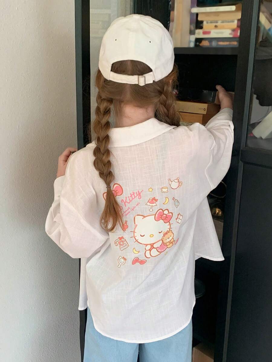 Dazy Kids HELLO KITTY | DAZY 宽松KT猫咪印花翻领长袖休闲女式衬衫 - 白色 - 查看 1