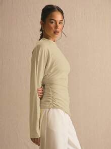 MUSERA Cinched Ruched Waist Batwing Long Sleeve Top Spring Summer Cute Cosy Cottage Core Spring Dew Spring Outfit Office - Khaki - View 3