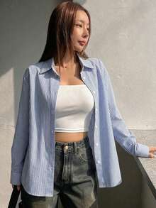 DAZY 女款休閒寬鬆長袖領口鈕扣襯衫，藍白條紋，適合春夏通勤穿著 - 藍色 - 查看 5