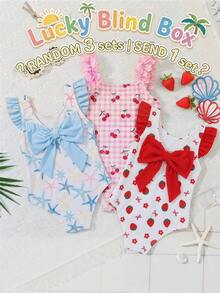 SHEIN Young Girl Colorblock Floral Ruffle Bow Cute Vacation Style One-Piece Swimsuit, Suitable For Holiday, Beach, Pool - Pink - View 3