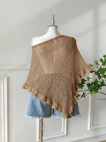 SHEIN EZwear Áo choàng Poncho móc len màu xanh ô liu, kiểu dáng rộng rãi thoải mái, cỡ lớn, có viền bèo nhún, thích hợp cho các buổi đi chơi và hẹn hò mùa hè, cỡ lớn. - Màu Khaki - Xem 2