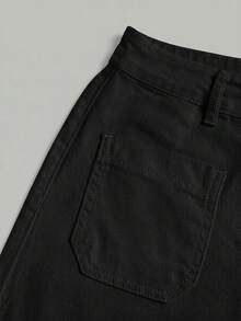 Selenza Plus Size Zipper Button Pocket Wide Leg Solid Color Minimalist Business Denim Jeans - Black - View 6