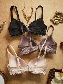 PinupPomp 3pcs/Set Bra Renda Berkawat Wanita, Seksi & Nyaman, Mengangkat dan Menopang - MultiWarna - View 2